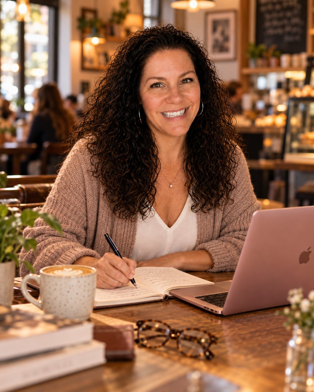 Cheri Bridges, writer and founder of CC Storiez Studios, writing in a notebook