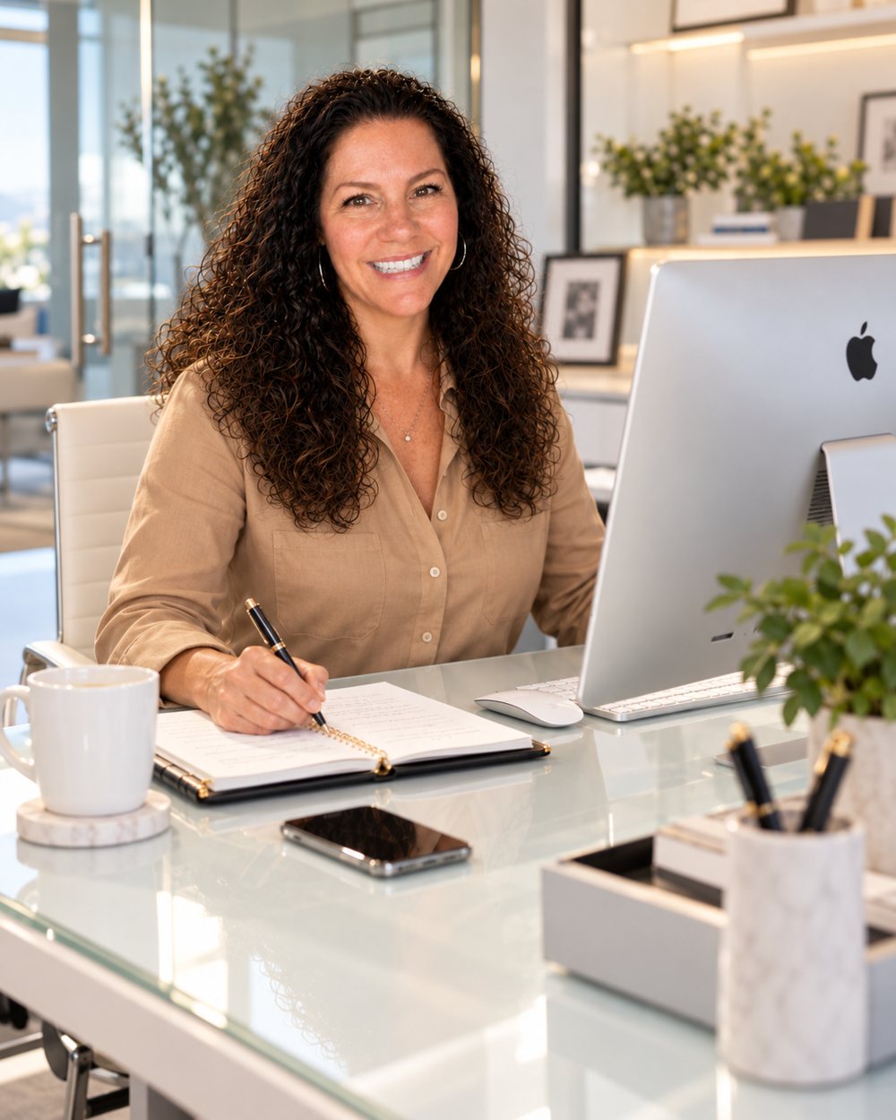 Working at the desk in the studio office