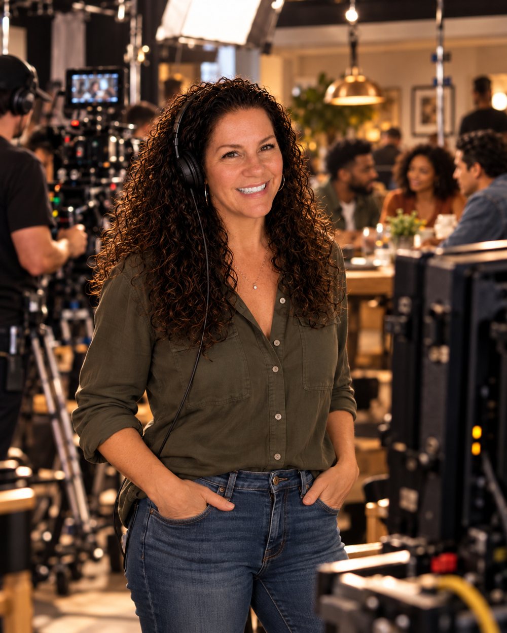 Smiling on set wearing headphones